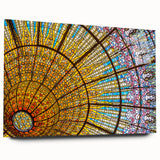 Acrylic print of a large abstract depiction of Barcelona in muted blue and orange tones.