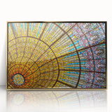Art deco poster of Barcelona skyline in muted gold tones on framed acrylic, suitable for modern art wall decor.