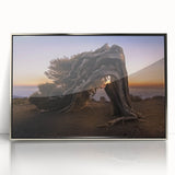 Large art print of a mid-century modernist Canary Islands scenery in silver-framed acrylic.