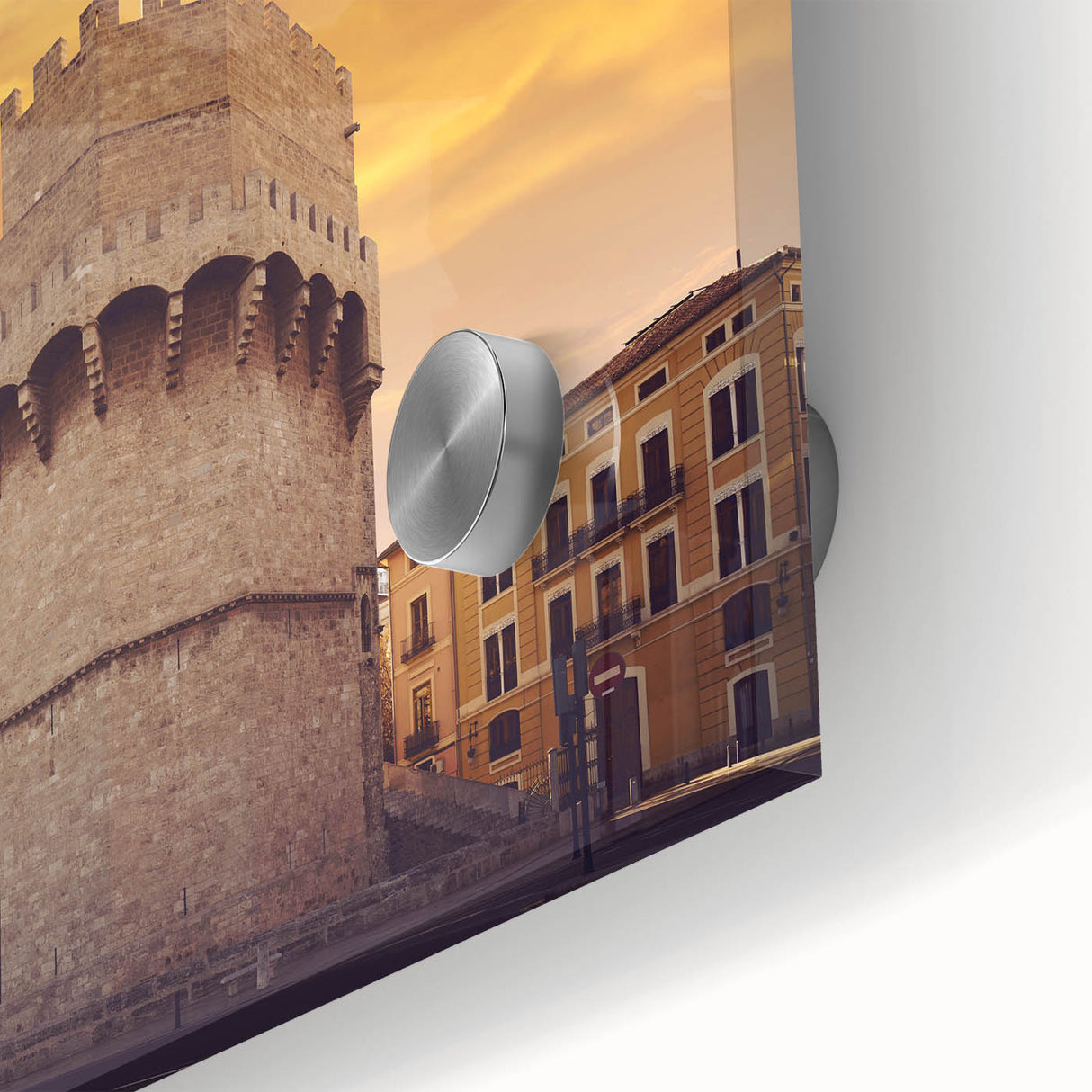 Large abstract depiction of Valencia scenery in muted earth tones on acrylic glass, suited for dining room art.