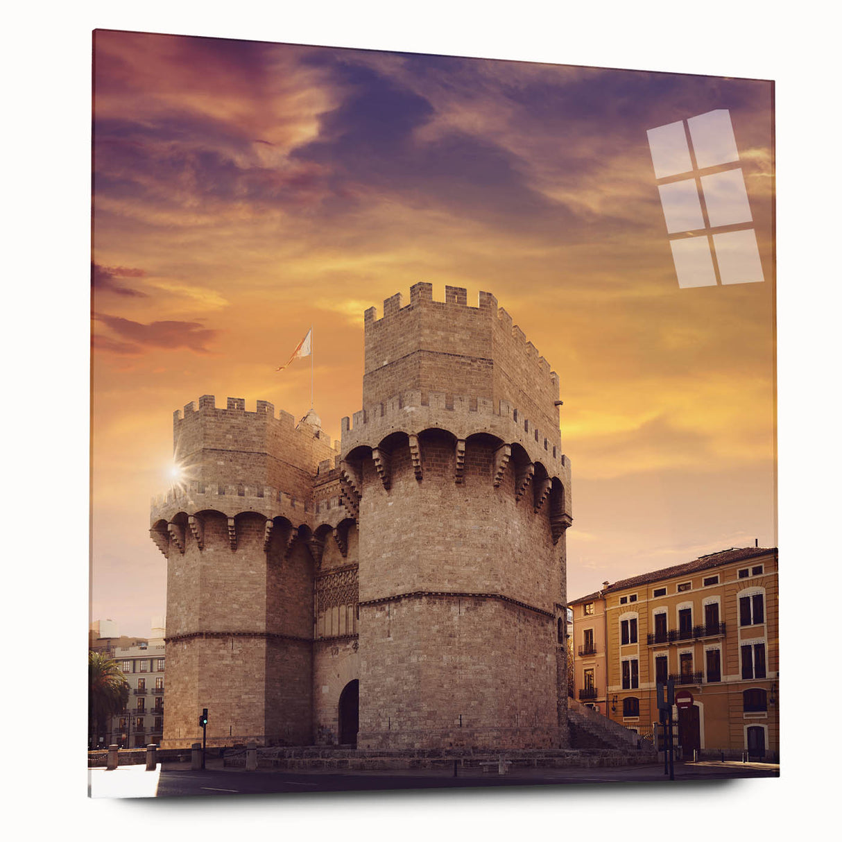 Large abstract depiction of Valencia scenery in muted earth tones on acrylic glass, ideal for bedroom or dining room art.