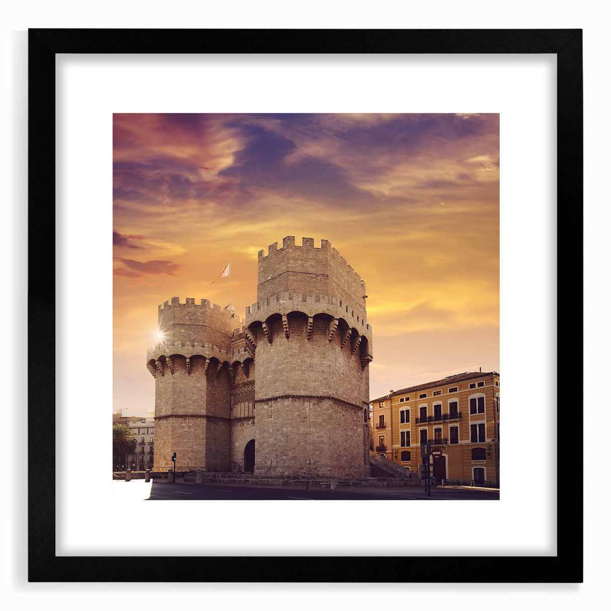 Extra large abstract art print of colorful, textured scenery of Valencia on a black framed canvas.