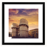 Extra large abstract art print of colorful, textured scenery of Valencia on a black framed canvas.