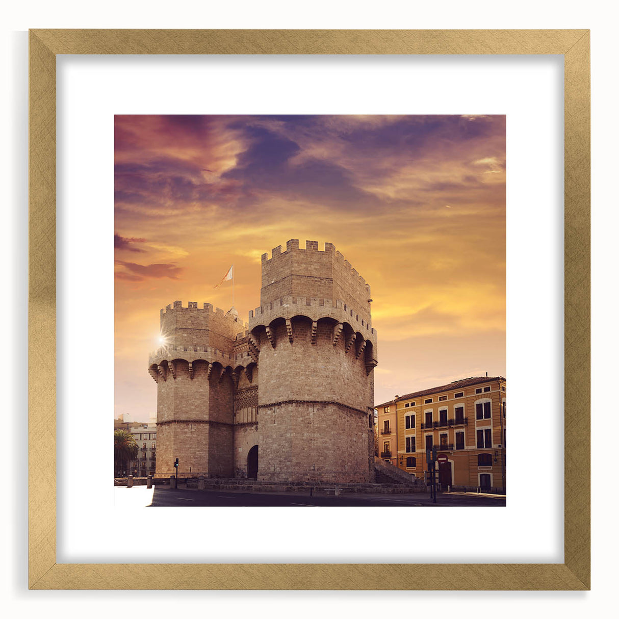 Extra large abstract art print of Valencia scenery in textured gold frame, ideal for living room decor.