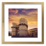 Extra large abstract art print of Valencia scenery in textured gold frame, ideal for living room decor.