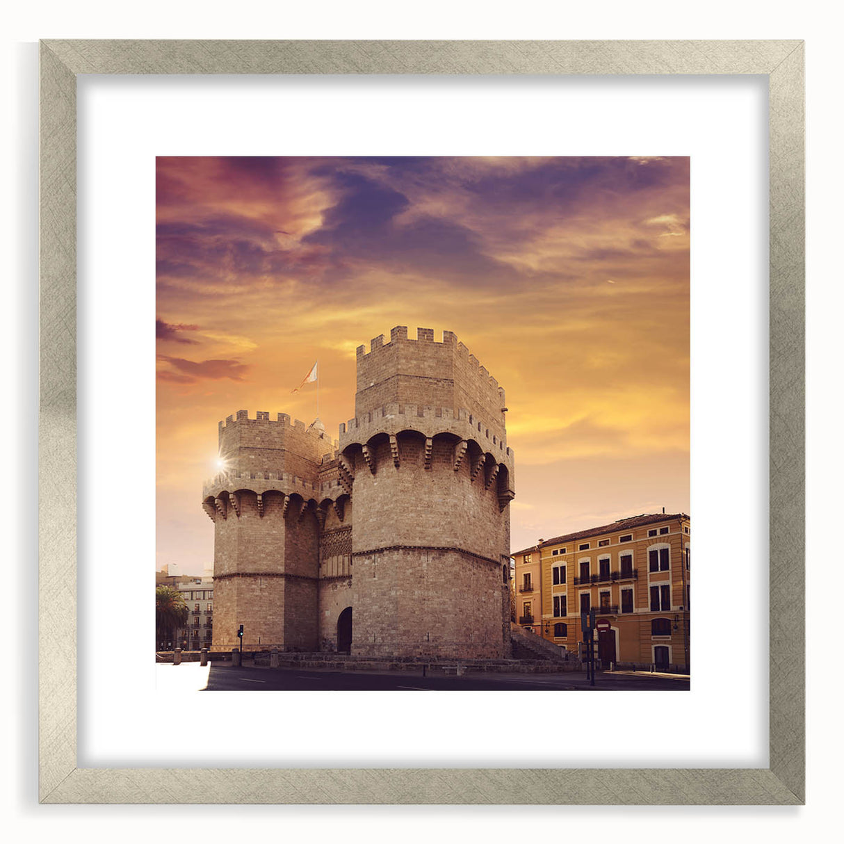 Textured abstract art print of Valencia scenery in muted earth tones on a framed silver mat, ideal for bedroom art.