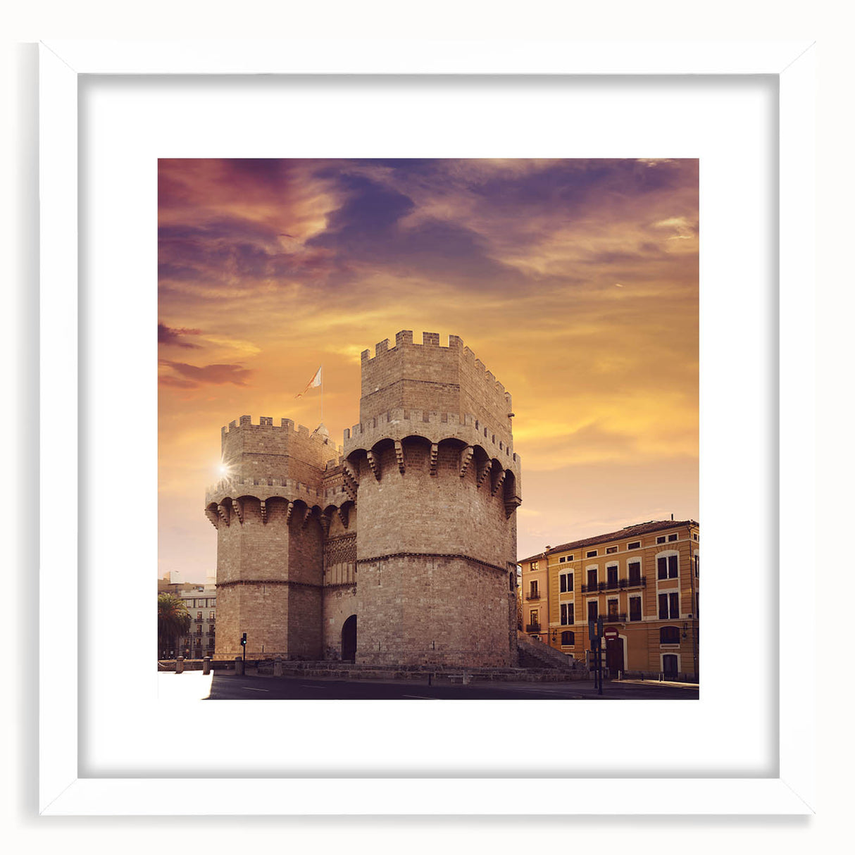 Abstract art print of Valencia scenery in muted earth tones on a white framed mat, suitable for dining room decor.
