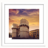 Abstract art print of Valencia scenery in muted earth tones on a white framed mat, suitable for dining room decor.