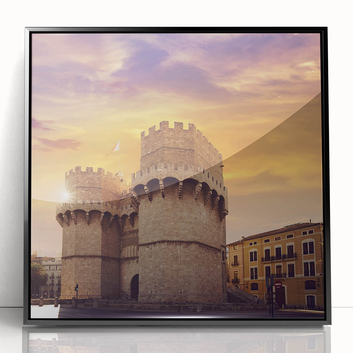 Large abstract wall art depicting the Valencia skyline in muted gray and blue tones, framed in black acrylic.