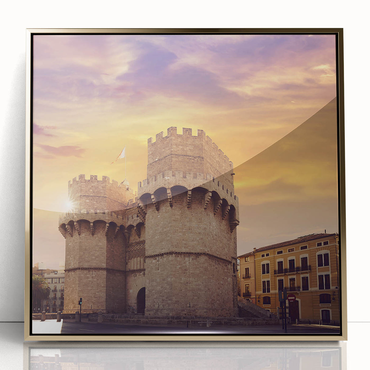Large acrylic print of a mid-century modernist Valencia scenery in gold frame, suitable for modern art wall decor.