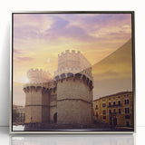 Mid-century modernist art depicting Valencia scenery in muted earth tones on a silver-framed acrylic print.