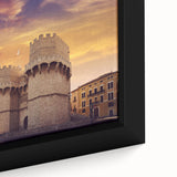 Extra large framed canvas depicting a textured, colorful street scene in Valencia with black wall accents.