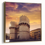 Framed canvas of a vintage-style landscape painting featuring the Valencia skyline in silver and gold tones.