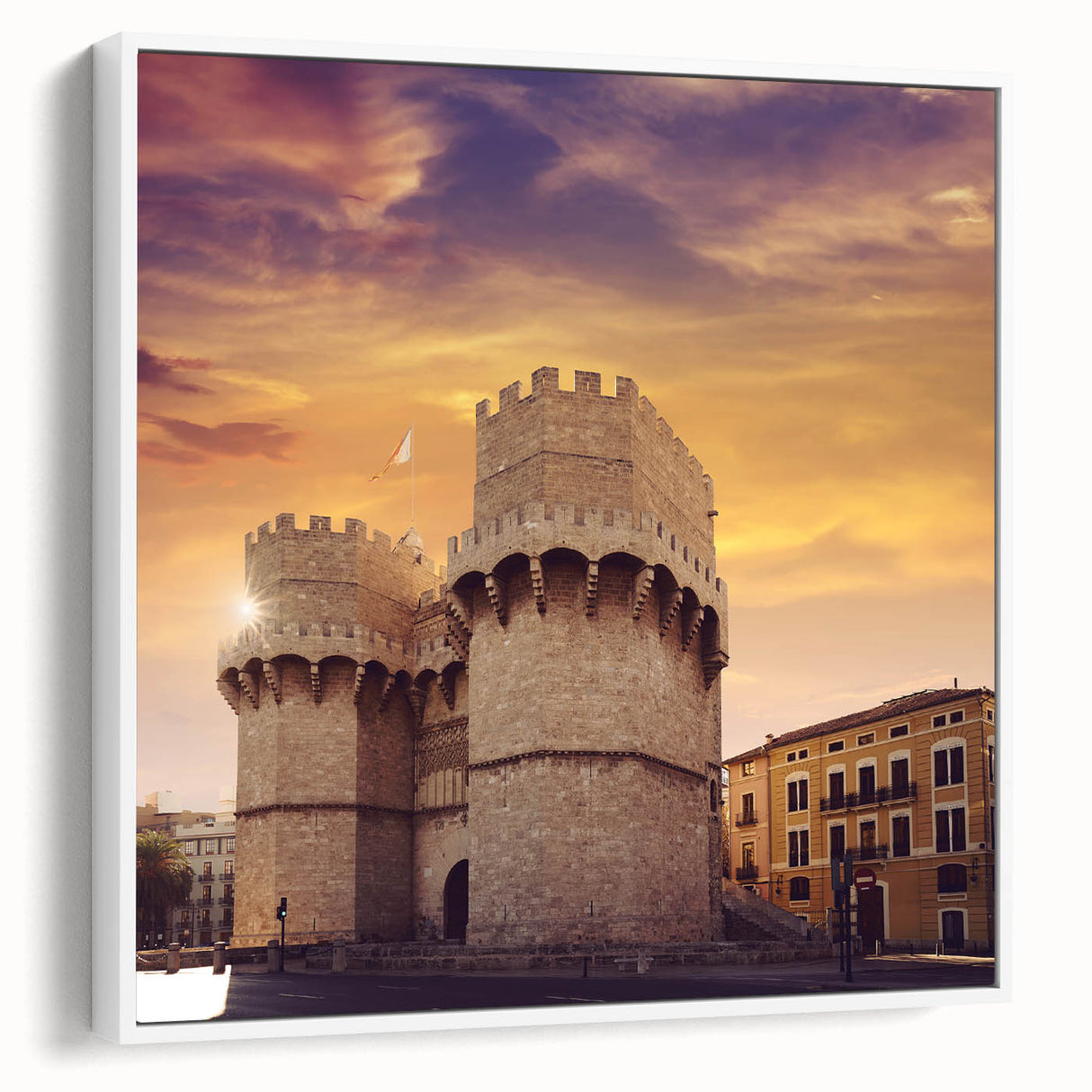 Vintage poster art of Valencia scenery on extra large framed canvas, featuring colorful art on a black background.