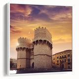 Vintage poster art of Valencia scenery on extra large framed canvas, featuring colorful art on a black background.