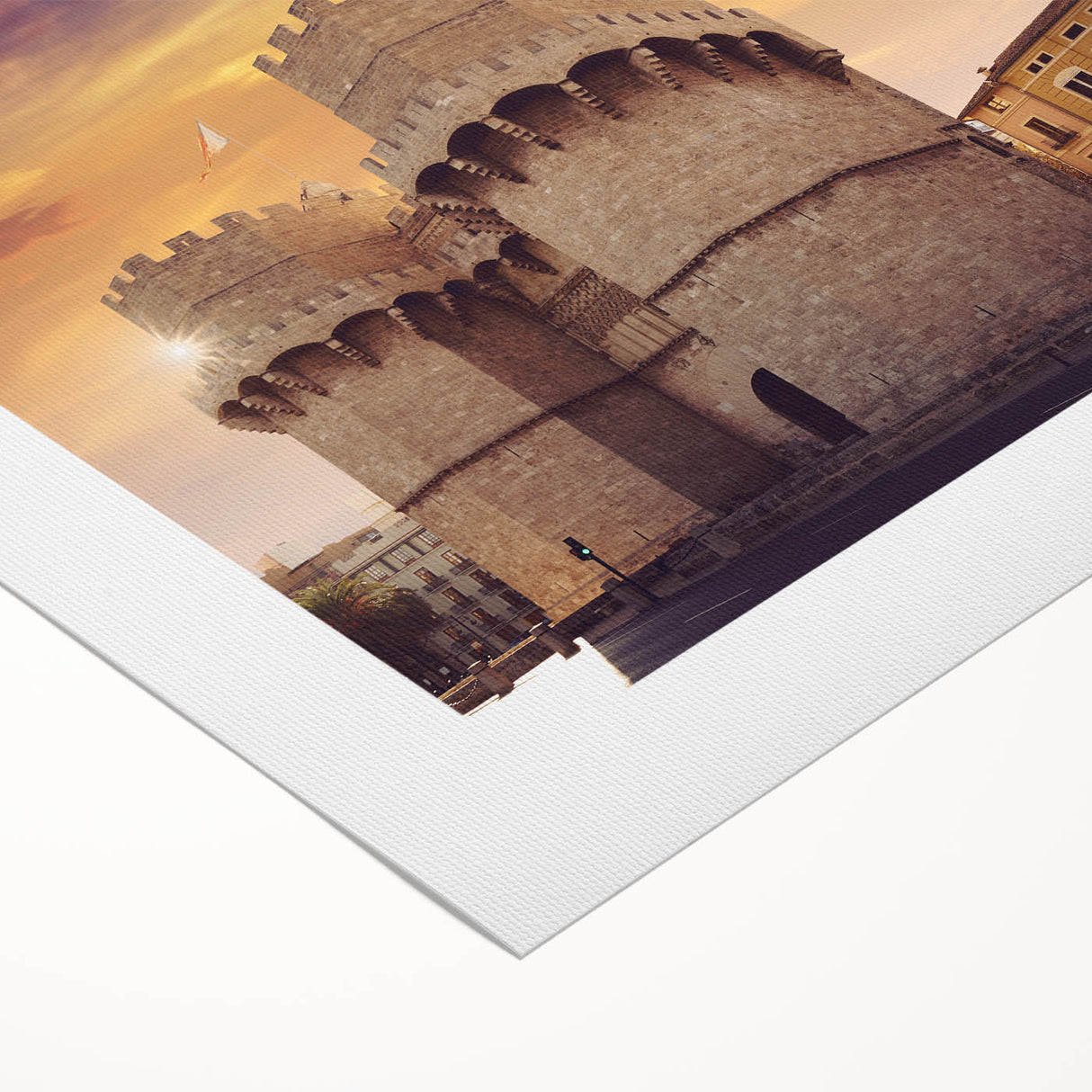 Art deco poster of Valencia scenery in pastel shades on rolled canvas, suitable for dining room wall art.