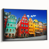 Black and white vintage poster art of Stockholm landscape on framed canvas, suitable for bedroom decor.
