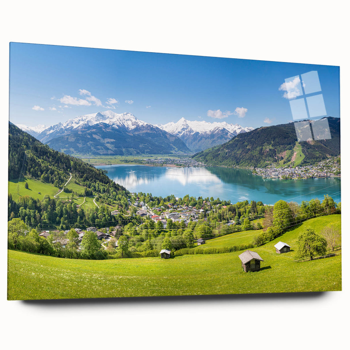 Large abstract depiction of a Swiss landscape on acrylic glass, using cool blue and green tones.