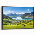 Black and white wall art featuring a vintage Swiss landscape on framed canvas, ideal for bedroom decor.