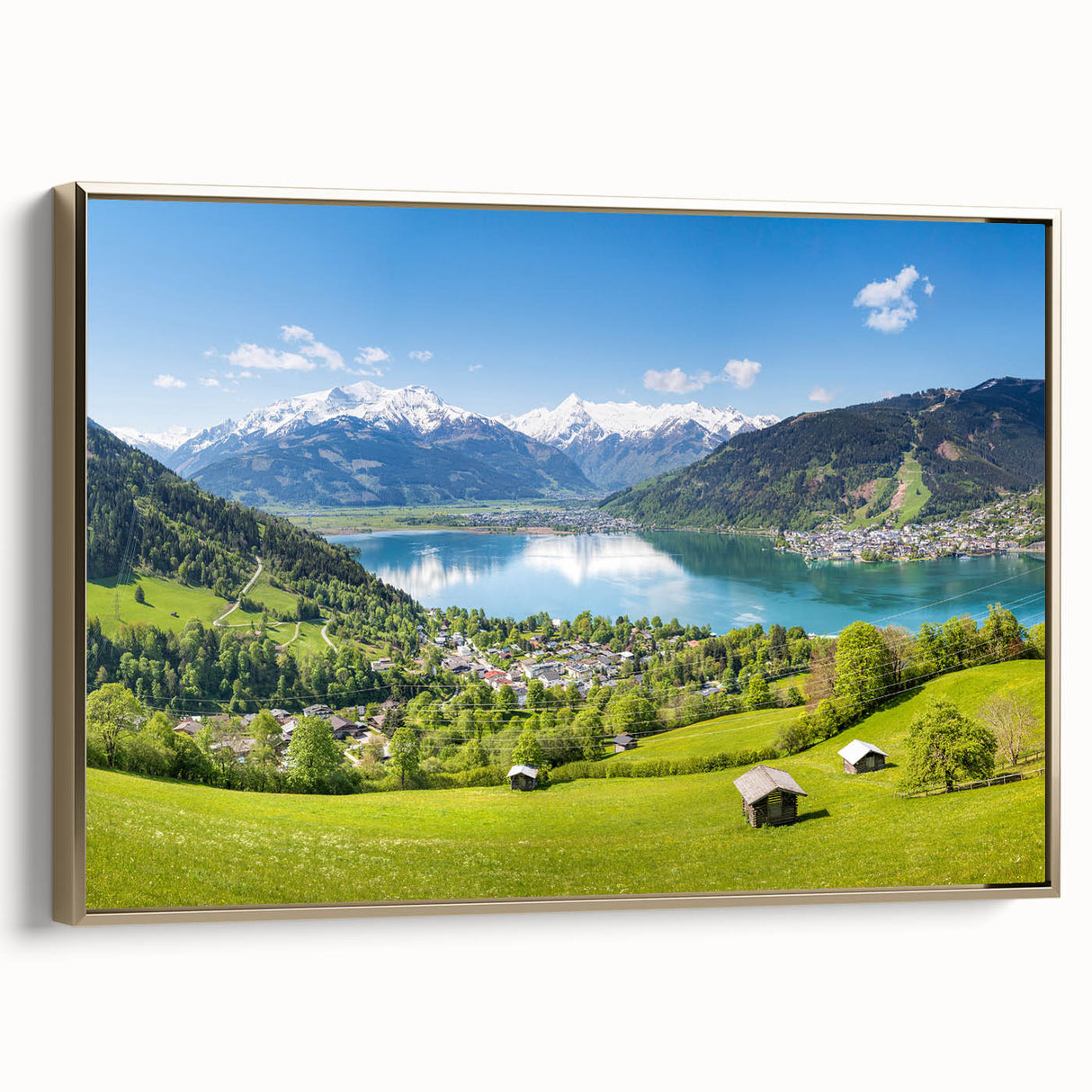 Framed canvas depicting a vintage-style Swiss landscape with muted gold and black tones, ideal for bedroom wall decor.