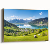 Framed canvas depicting a vintage-style Swiss landscape with muted gold and black tones, ideal for bedroom wall decor.
