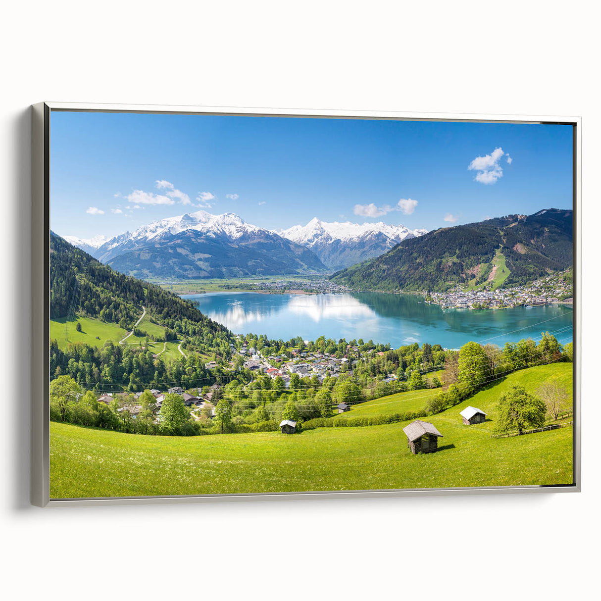Landscape art painting of a Swiss scenery on framed canvas, featuring muted colors with vintage poster style.