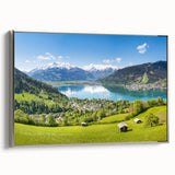 Landscape art painting of a Swiss scenery on framed canvas, featuring muted colors with vintage poster style.