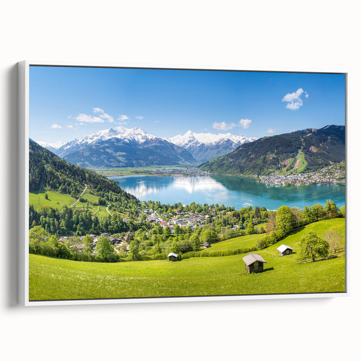 Vintage poster art of a Swiss landscape on a large framed canvas, featuring vibrant colors, ideal for living room decor.