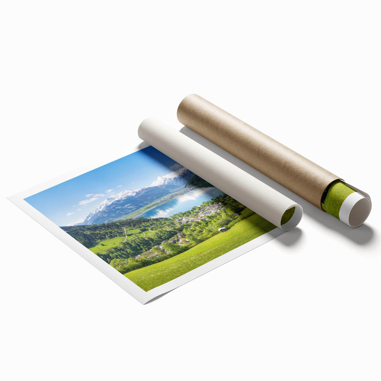 Extra large rolled print of a serene Swiss landscape with lush greenery and distant mountains.