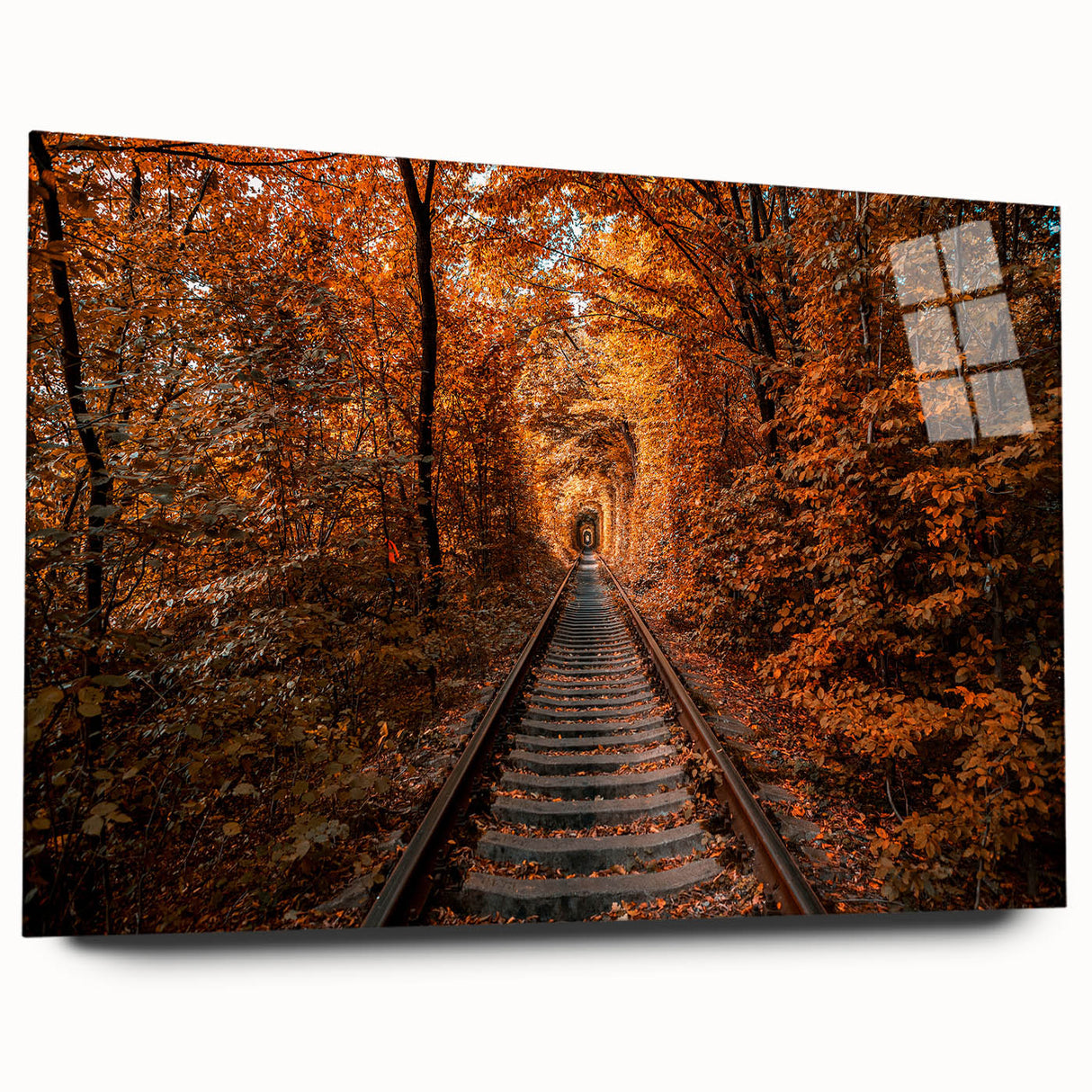 Large abstract wall art of a European scenery on acrylic glass, in cool blue and gray tones.