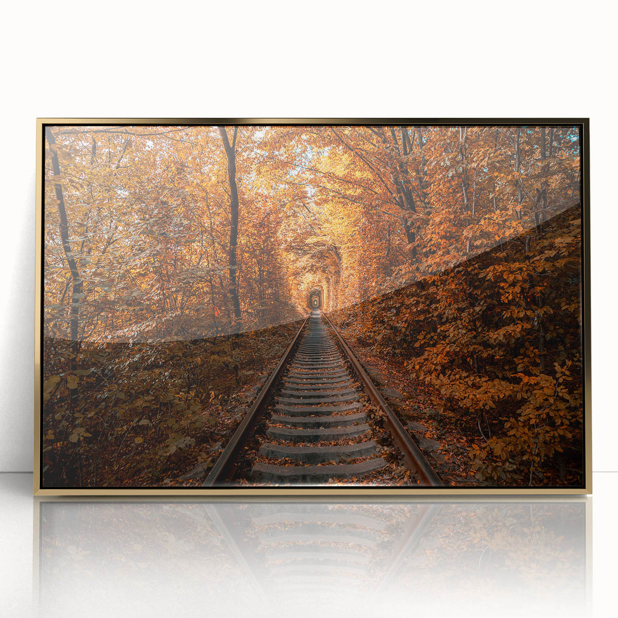 Large art print of a European landscape in gold and green tones, framed acrylic, ideal for modern art wall decor.