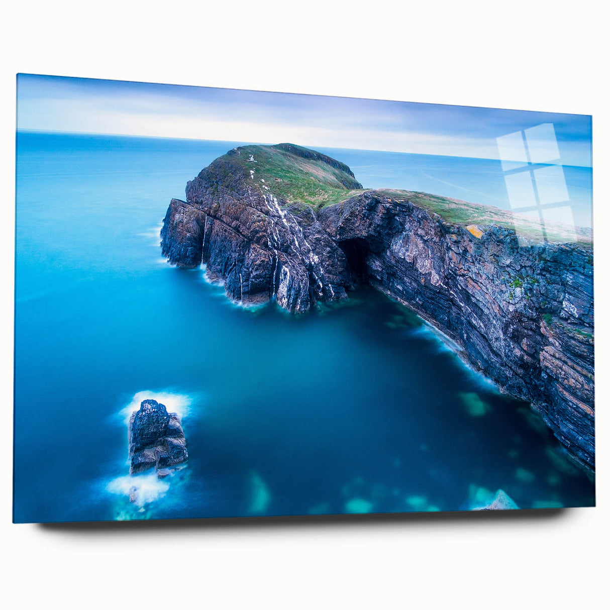 Large abstract wall art of a European Welsh landscape in muted greens and blues, printed on acrylic glass.