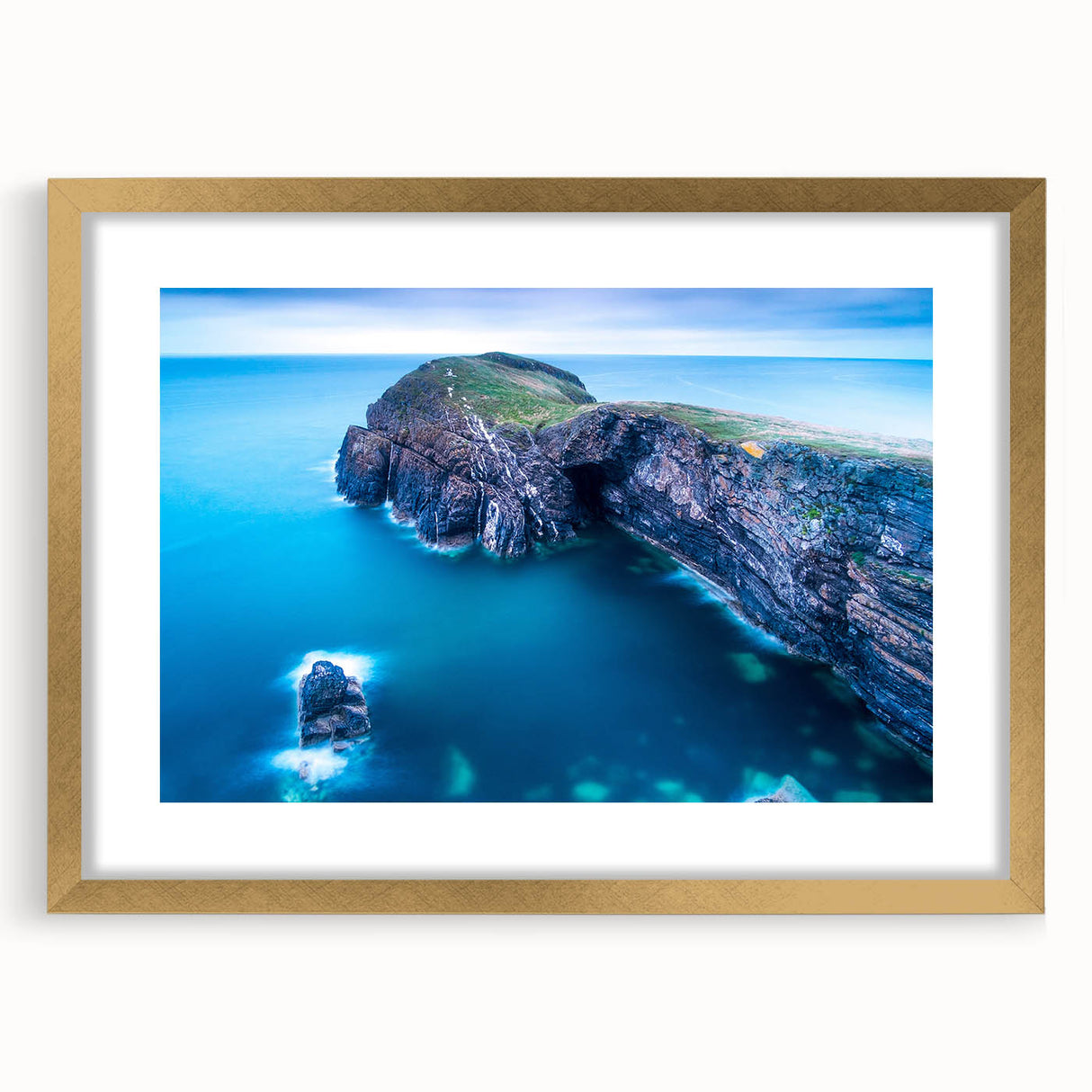 Extra large abstract art print of a Welsh landscape in textured gold frame, ideal for living room decor.