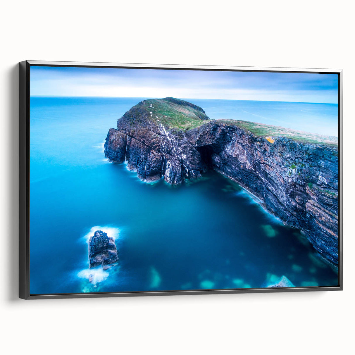 Black and white framed canvas featuring a vintage landscape painting of Welsh scenery, ideal for bedroom wall decor.