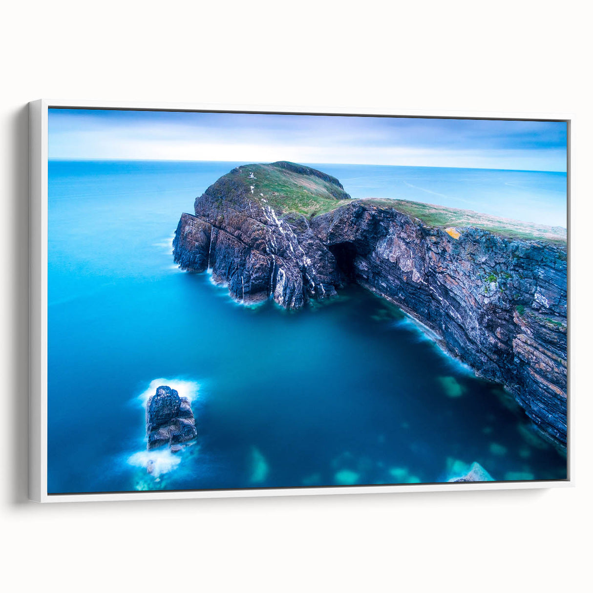 Vintage poster art of a European Welsh scenery on a framed canvas with colorful imagery, ideal for living room decor.
