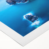 Art Deco poster of a Welsh landscape on rolled canvas, featuring muted greens and blues, suitable for dining room decor.