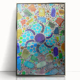 Mid-century modernist art of Cabo San Lucas scenery in pastel shades on a silver-framed acrylic print.