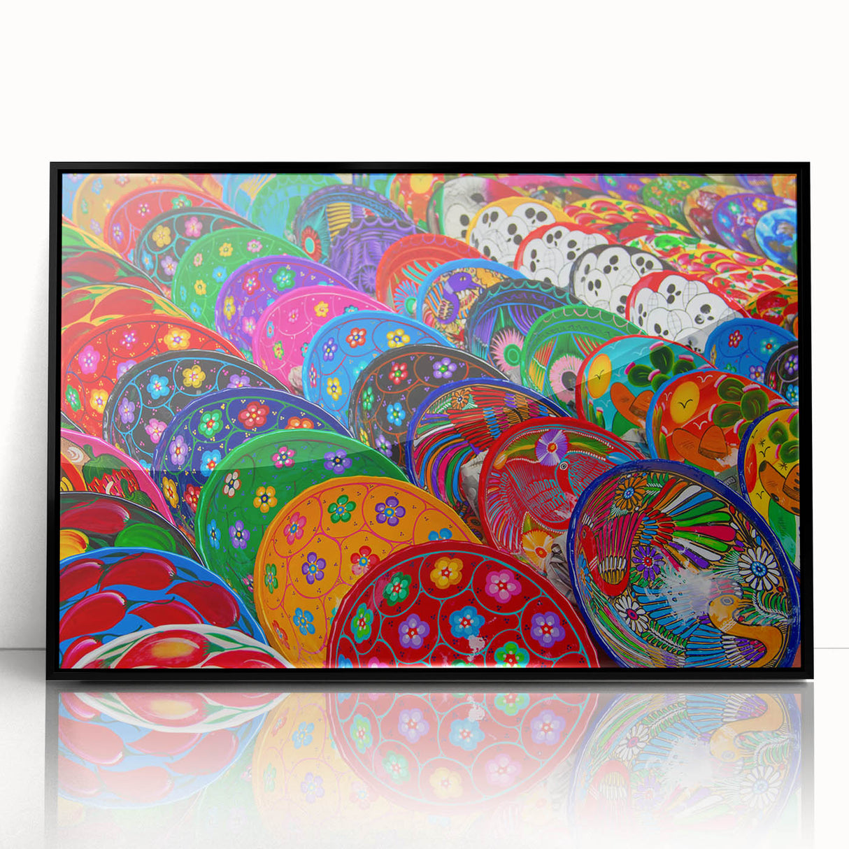 Large abstract wall art of Cancun scenery in muted blue and green, framed in black acrylic.
