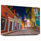 Acrylic print of a large abstract depiction of Guanajuato, Mexico, in vibrant colors, ideal for bedroom or dining room art.