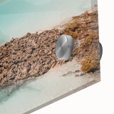 Large abstract wall art depicting a serene Quintana Roo landscape in muted earth tones on acrylic glass.