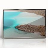 Mid-century modernist art depicting a serene Quintana Roo landscape in muted earth tones on a silver-framed acrylic print.