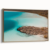 Framed canvas wall art depicting a vintage-style landscape of Quintana Roo, Mexico in muted gold and black tones.