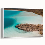 Vintage poster art of Quintana Roo scenery on framed canvas, featuring vibrant colors, ideal for living room decor.