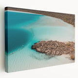 Large stretched canvas depicting a serene Quintana Roo landscape in soft blue and green hues, suitable for kitchen wall art.