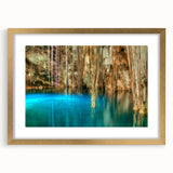 Extra large abstract art print depicting textured scenery of Yucatán, with muted earth tones, framed in gold.