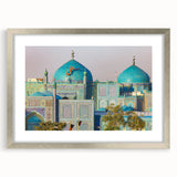 Textured abstract art print of a Middle Eastern scenery in muted earth tones, framed in silver, ideal for bedroom art.