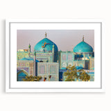 Abstract art print depicting a Middle Eastern landscape in muted earth tones, framed in white.