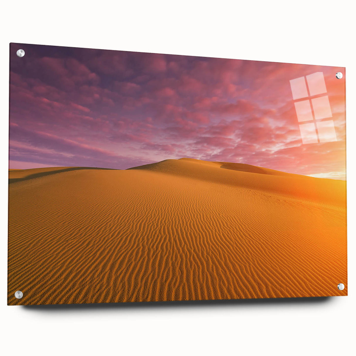 Acrylic print of Dubai skyline in muted earth tones, ideal for modern dining room decor.