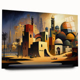 Large abstract wall art depicting a Middle Eastern scenery in muted earth tones on acrylic glass.