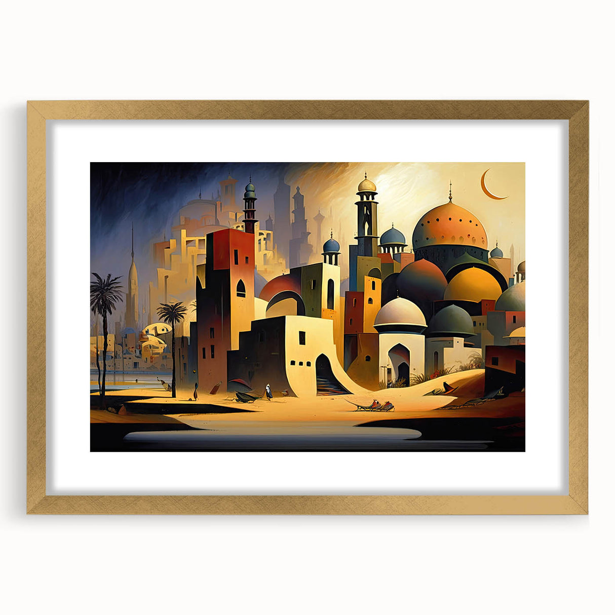 Extra large framed wall art featuring an abstract textured depiction of a Middle Eastern scenery in gold and earth tones.